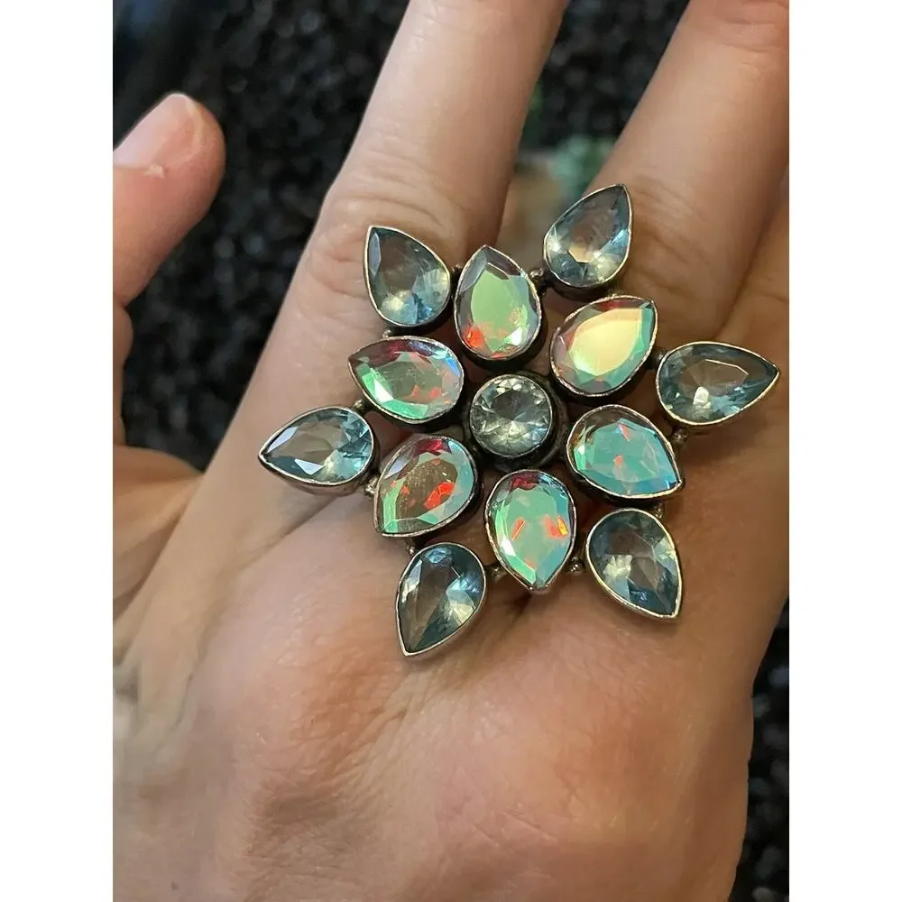 Native Sw Sterling Faceted Multi-stone Blue Green Rainbow Borealis Cluster Ring - Picture 1 of 12